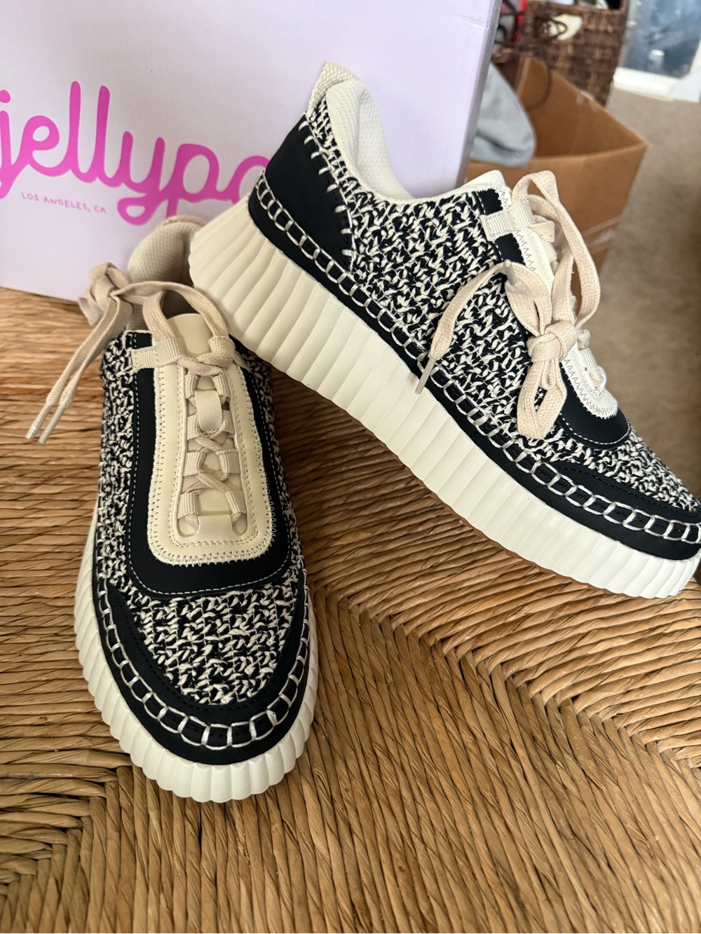 Jellypop Dutchess Black & Cream Crochet Stitch Platform Lace-Up Sneakers